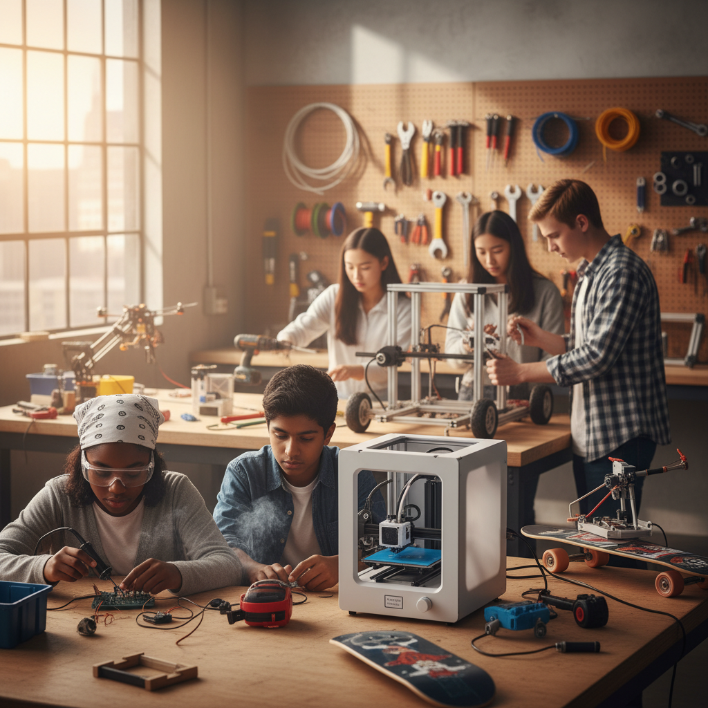 High school students tinkering in a makerspace